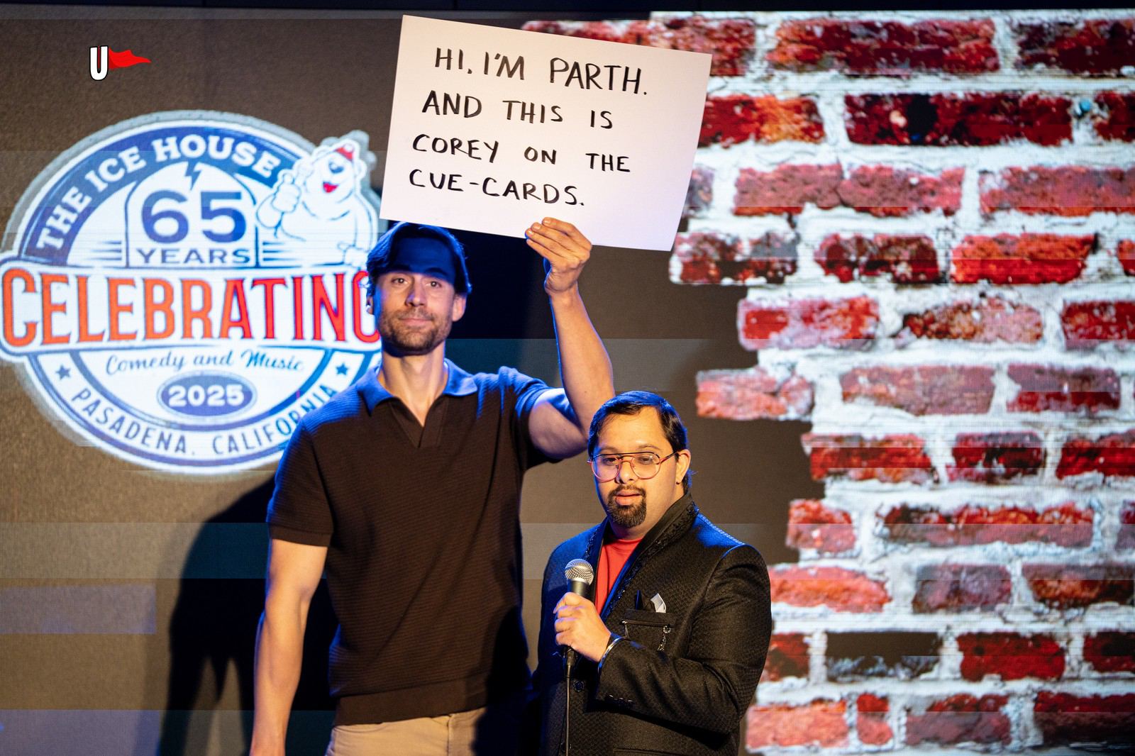 Parth introducing Corey on cue cards at The Ice House in Pasadena, CA